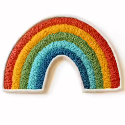 a knitted rainbow design patch in blue, green, yellow and red