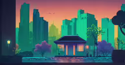 the small gazebo sits in the city at sunset,a digital painting of an asian pagoda in a city