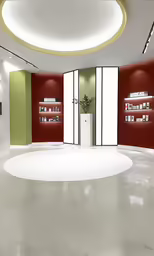 a white room with shelves, a white pedestal and potted plants
