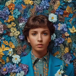 this is a photo of a kid with flowers behind it