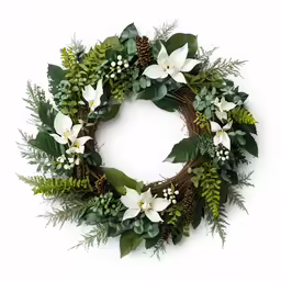 the wreath with white flowers and greenery is on the wall