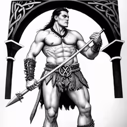 a drawing of a native man with axes and an axe