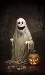 a creepy ghost sits next to an evil pumpkin