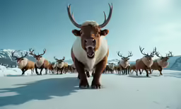 a group of deer are seen standing in the snow
