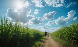 two people walking down a path in a wheat field