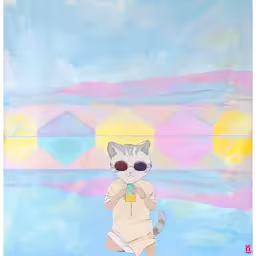 a colorful abstract painting with a cat in underwear drinking from a cup,a cat with a cup in it