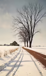 an empty road and two large bare trees in the snow