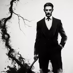 a man wearing a suit and tie standing next to a tree with no leaves