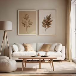 a white sofa sits beneath two prints on the wall