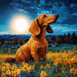 a dog sits in the middle of the night