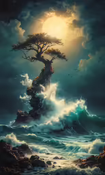 a tree that is sitting on a rock in the ocean