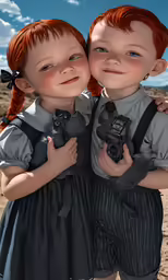 two dolls are holding together in a surreal image