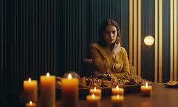 a young woman sitting at a table in a dim lit room
