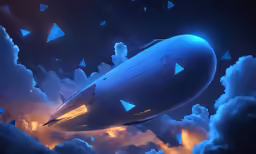 a very nice looking blue rocket ship flying over some clouds
