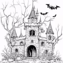 a castle in the woods is painted with black and white ink
