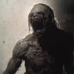 an evil creature looking down at his body and face