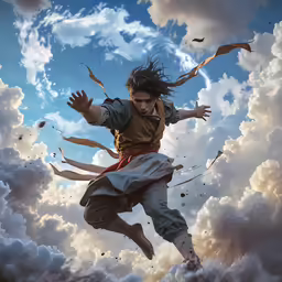 a painting of a boy on a cloudy sky