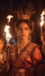 a woman wearing a crown holding some candles