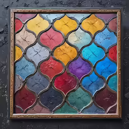 a stained glass window sitting on top of a wooden frame