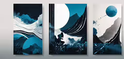 3 panel artwork of a man in blue,a couple of paintings with different color