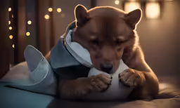 a small dog laying on top of a bed