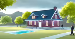 two men are standing outside a two story house