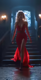a beautiful blonde woman in red dress standing at the top of stairs