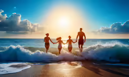 three people standing in the water on a beach at sunset