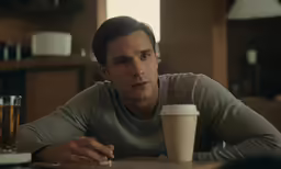 the man is sitting at the table holding his hand on a cup