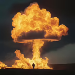 a large mushroom cloud is shown above a man