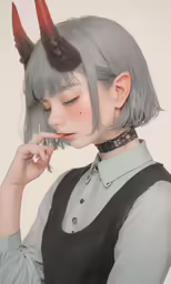 a person that has long hair and horns on her head