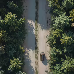 a car is parked on the dirt road surrounded by trees