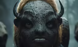 a woman with horns, and black makeup with mud on her face