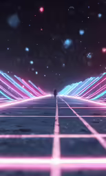 a person walking down a colorful abstract corridor