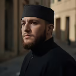 a man with a hat in a city street