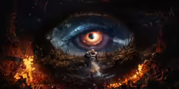 a pair of people standing next to a demonic looking eye