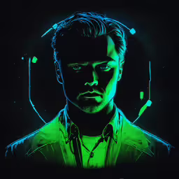 a neon man looks intently at something,a poster that has an image of a man with his eyes closed