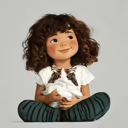 a toddler doll with curly hair sitting on a floor