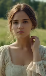 the young lady is standing by herself in the grass