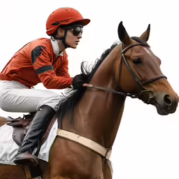 a man riding a brown horse while wearing a helmet