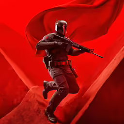 a man dressed as star wars the force awake is running with a red sheet behind him