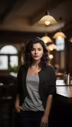 a beautiful young woman standing next to a bar