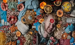 a man wearing clown makeup is surrounded by fake food
