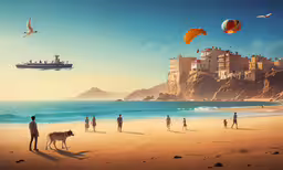 a group of people at the beach watching some kites fly over them,some people a boat some buildings and water