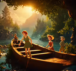 two little girls and an old man are on the beach near boats with children sitting on them,a group of young children on a boat by water