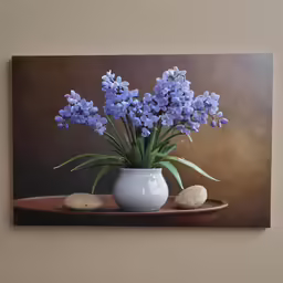 blue flowers are on a plate and some rocks