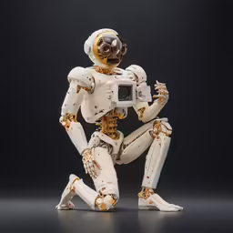 an all white and gold robot holding a camera