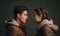 a couple is standing together and staring at each other