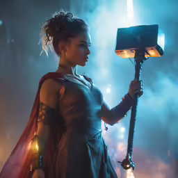 a person holding an object with a lantern and cape