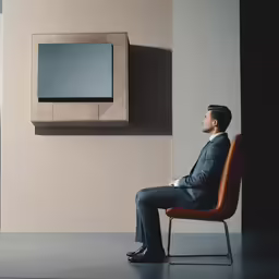 man in business suit sitting with his legs crossed while watching television